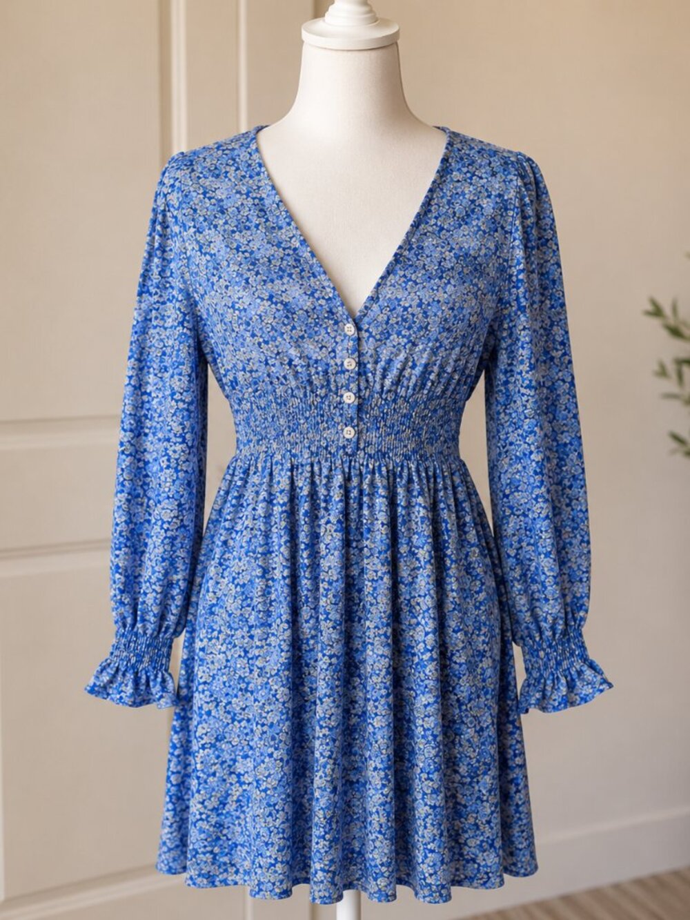 Womens Blue Floral Cottagecore Dress 2XL Fits Smaller Smocked Babydoll Mini